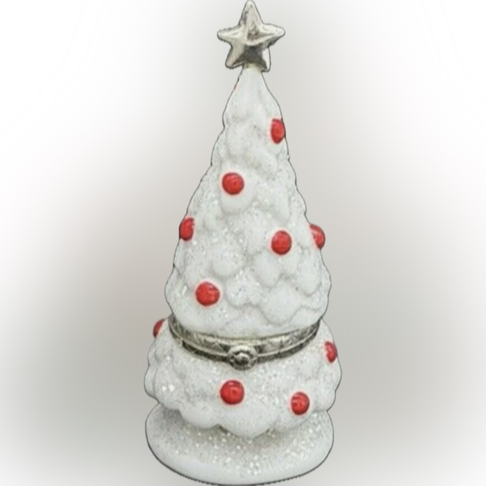PHB Porcelain Hinged Trinket Box Mini White Snow Christmas Tree & Gift Retired